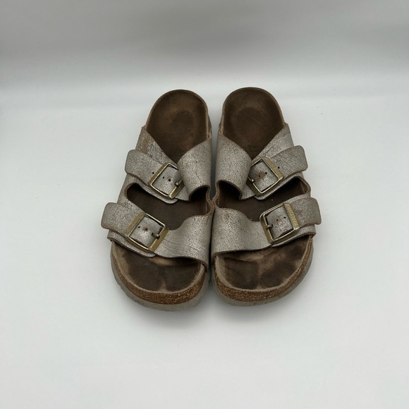 Birkenstock Arizona Leather Washed Metallic Silver Sandal - Picture 2 of 10